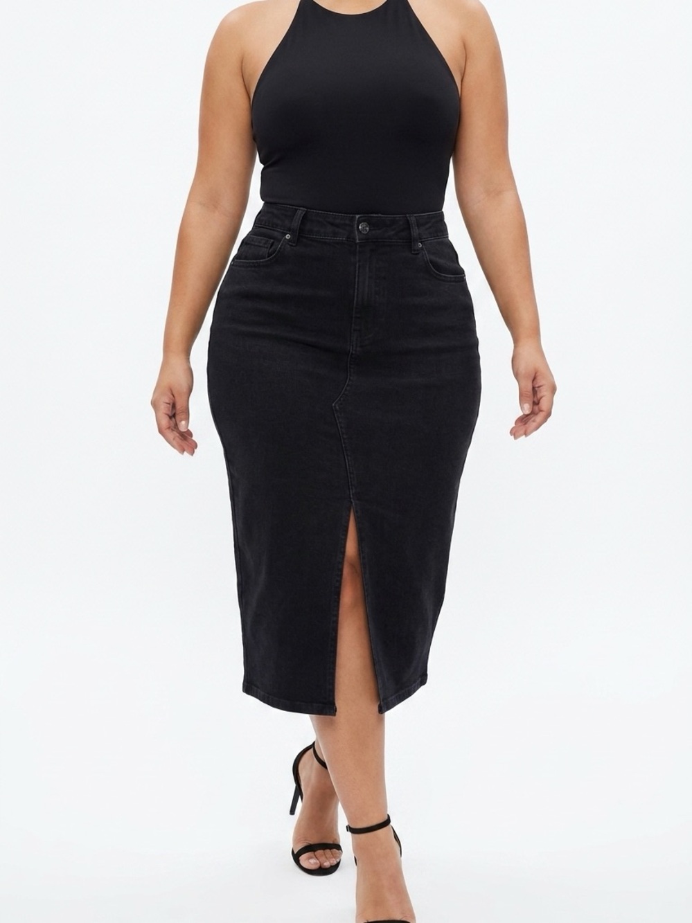CHARLIE B | Black High-Rise Midi Pencil Skirt with Front Slit Women’s Size 2